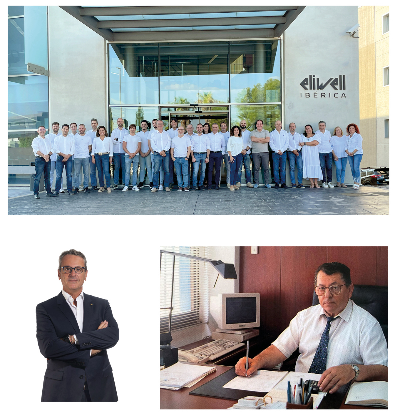 Collage with the upper image of the entire staff on the facade of the company Eliwell Ibérica Below the image of Carlos Momplet and founder Eduardo Momplet  