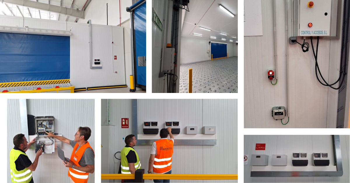 photo collage of a commissioning of Eliwell Coldface boxes for 5 cold rooms for an aeronautical catering company in Madrid.