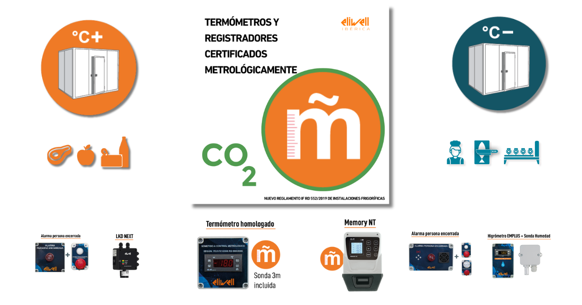 imagen de todos los equipos y sistemas de alarmas Eliwell para cumplir la normativa actual del reglamento de instalaciones frigoríficas en España para cámara frigoríficas CO2