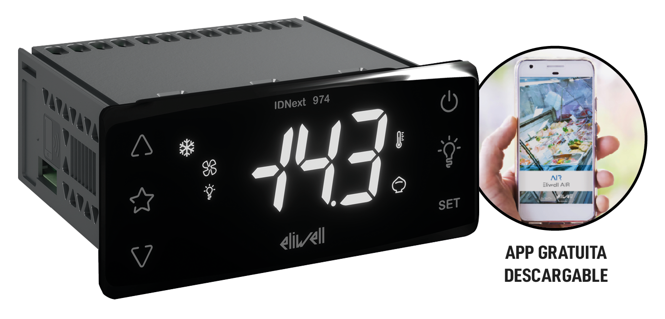 image of the Eliwell IDNext control with the drawing of a cell phone next to it which is a free downloadable APP.<br />
Eliwell IDNext is the new generation of refrigeration controls. 