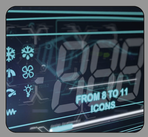 imagem de vanguarda de um ecrã Eliwell IDNext com letras e ícones em led azul