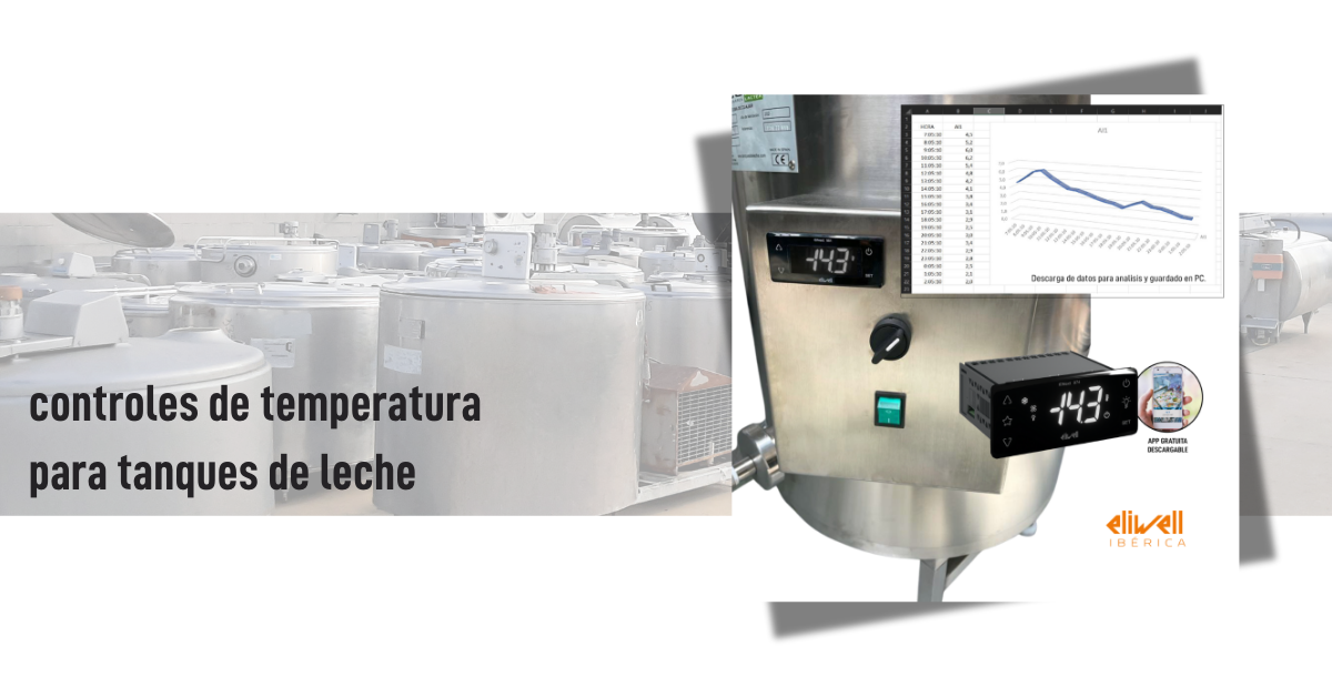 imagen de un tanque de leche de la empresa Lactomilk con control IDnext de Eliwell sobre una imagen de tanques de leche